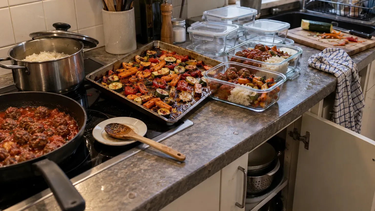2 heures de meal prep le lundi : 5 dîners pour 4 personnes, et la tentation de la livraison s'éloigne en semaine