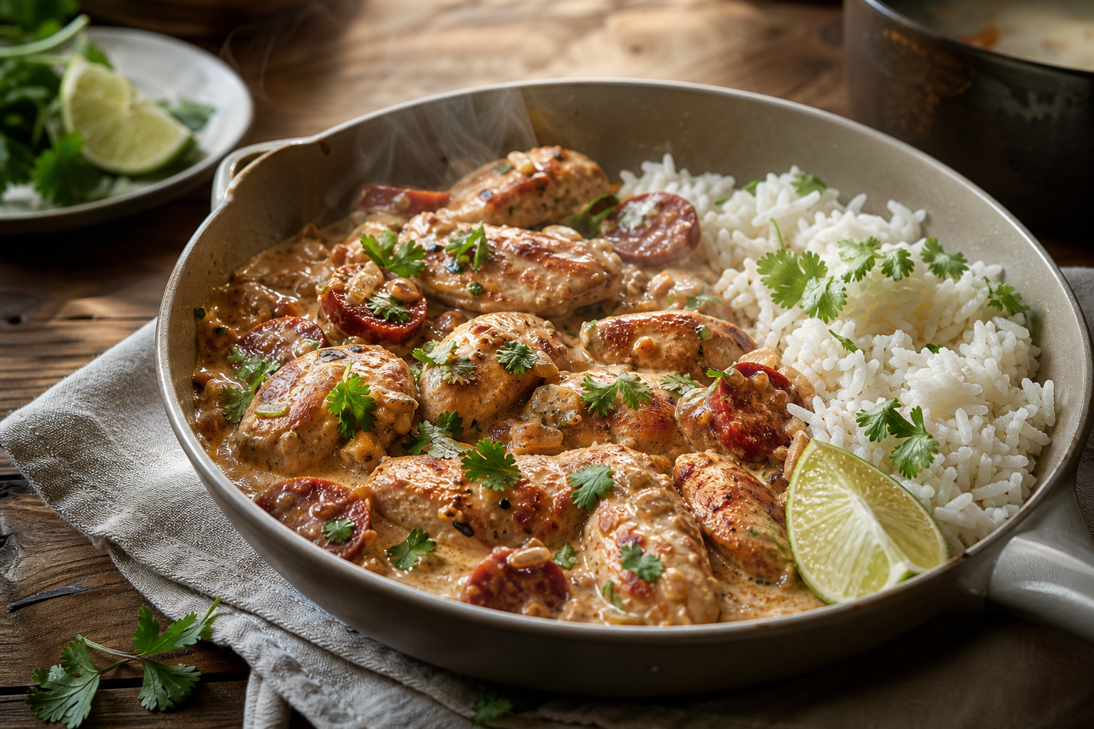Les aiguillettes de poulet au chorizo se servent en sauce crémeuse