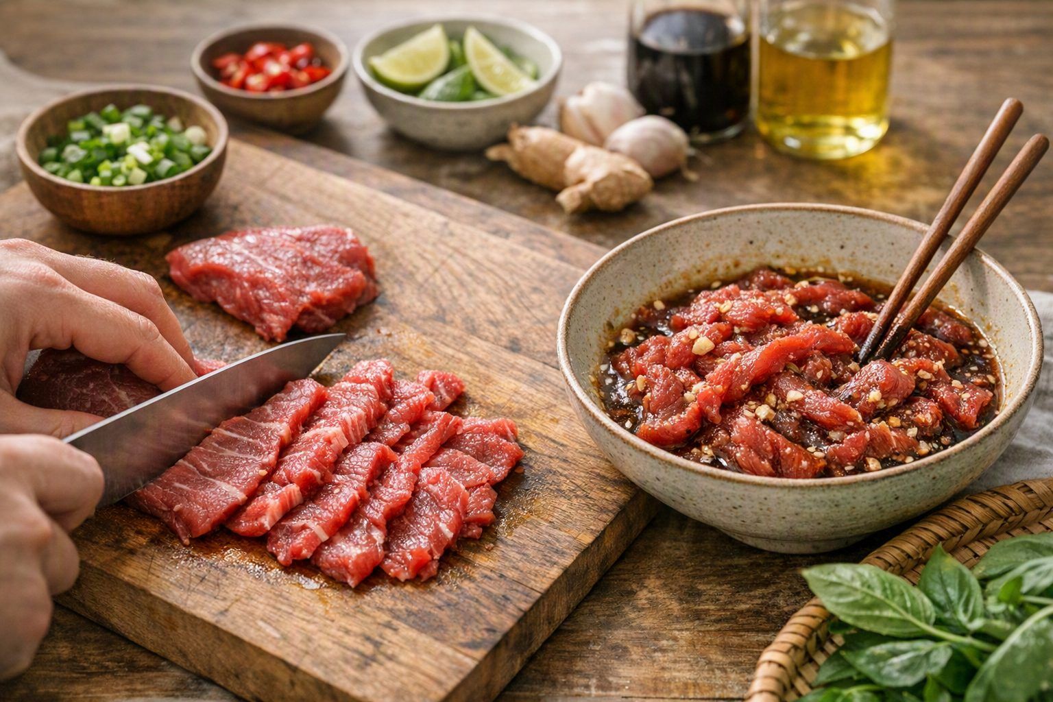 La découpe contraire aux fibres et la marinade courte