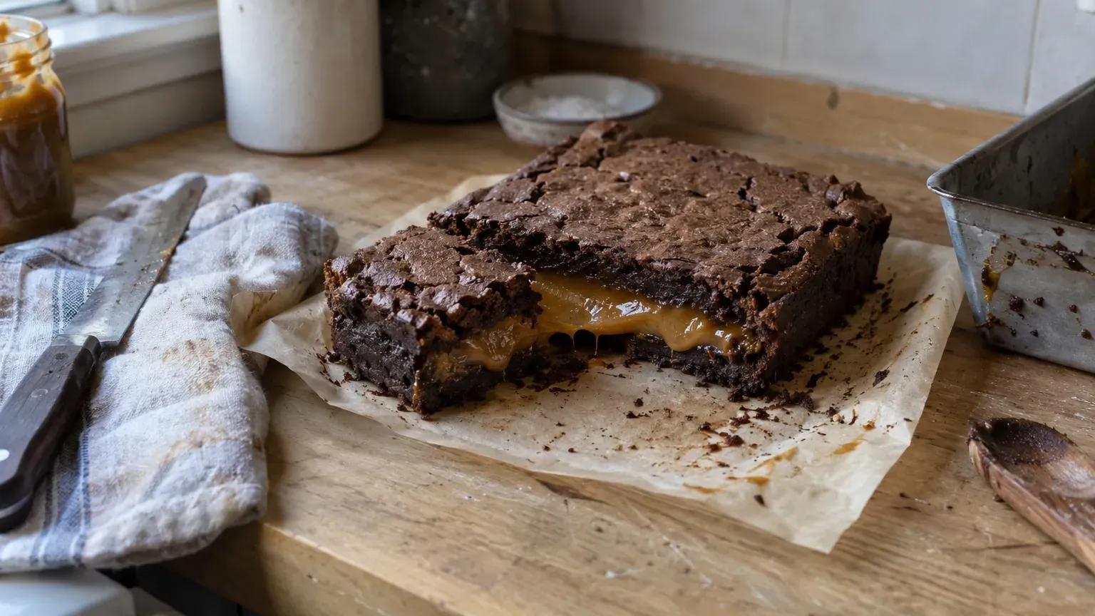 Brownie sans farine à la confiture de lait : pourquoi il reste fondant, et le geste de découpe qui garde le cœur coulant