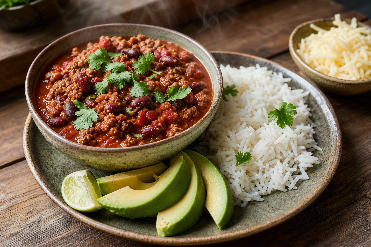 Le chili Con carne et riz réussit avec une sauce bien nappante