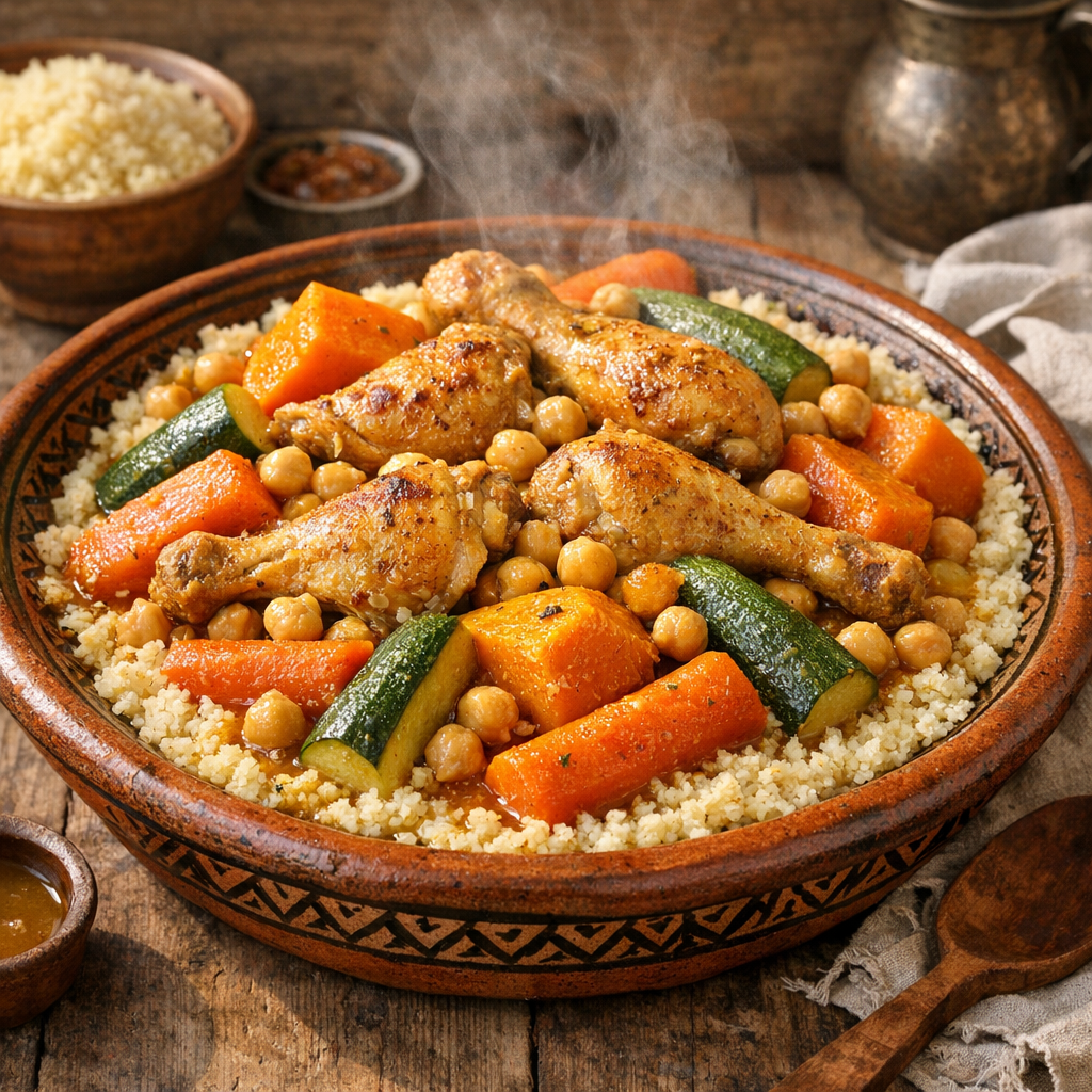 Couscous au poulet marocain : recette, épices et légumes