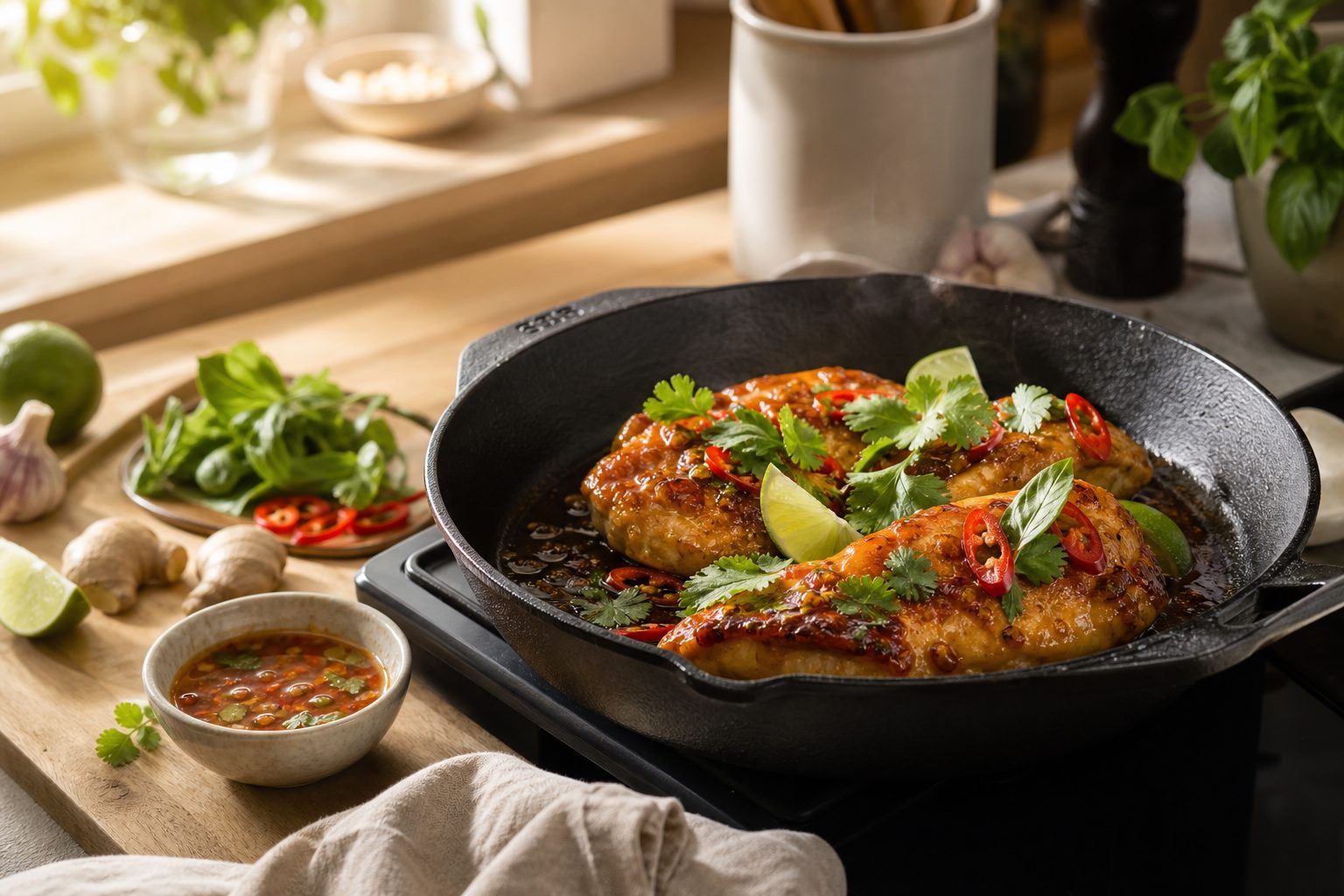 Donner du goût au poulet poêlé, avec une touche thaïe