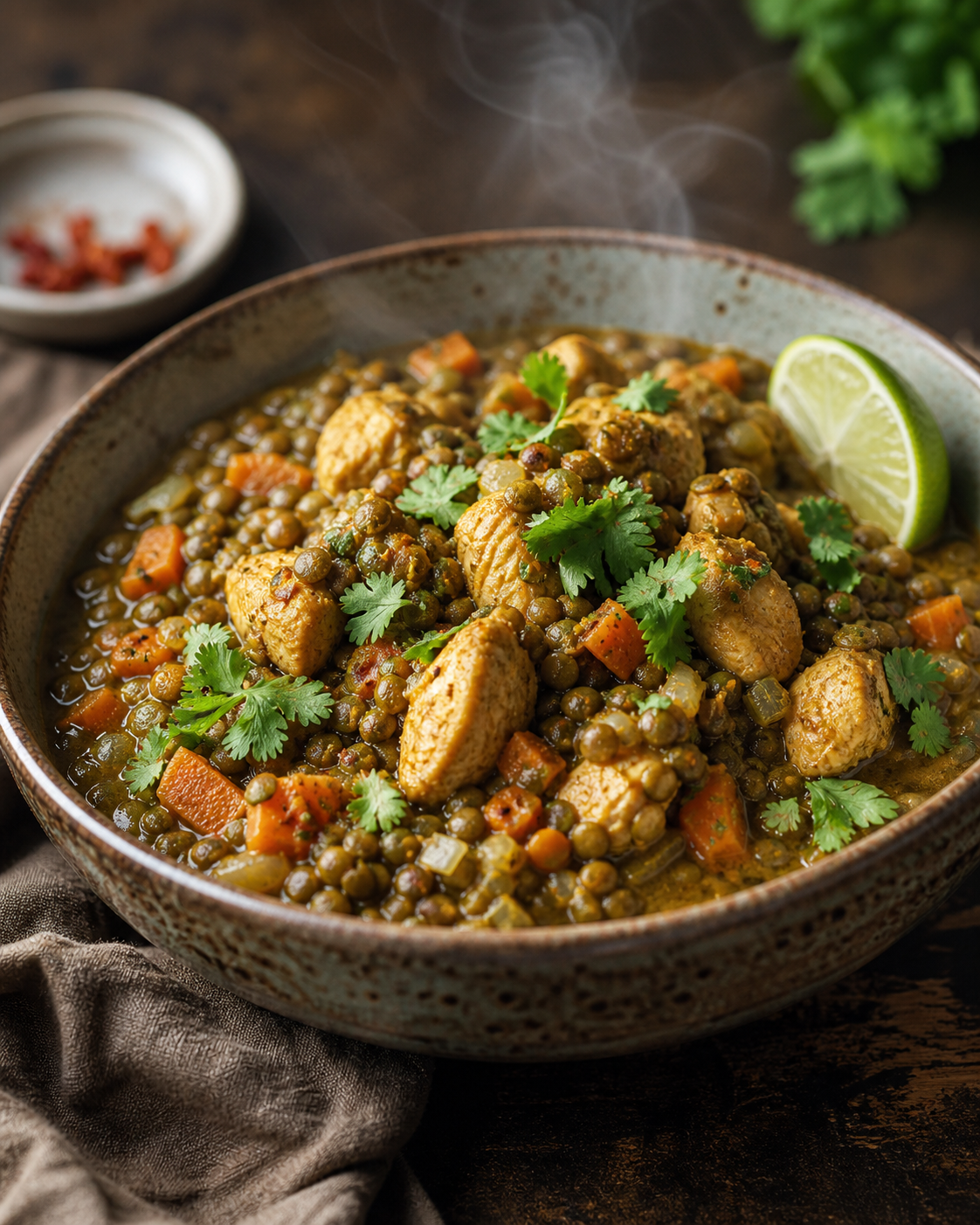 Les lentilles au poulet prennent un air de Bangkok en cocotte