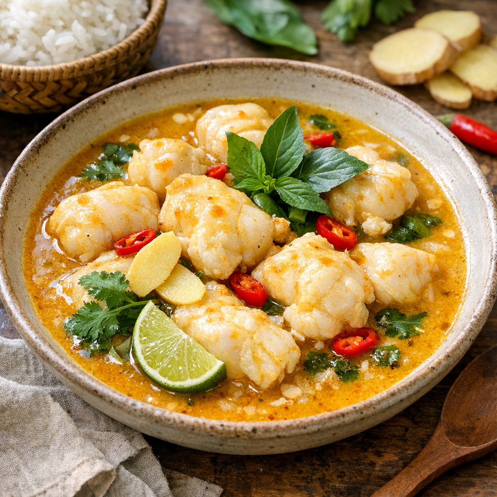 Cette lotte au lait de coco et Curry reste nacrée et parfumée
