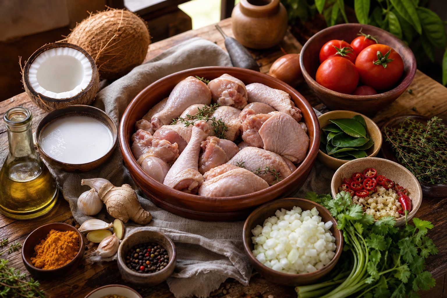 Ingrédients pour un poulet coco réunionnais généreux