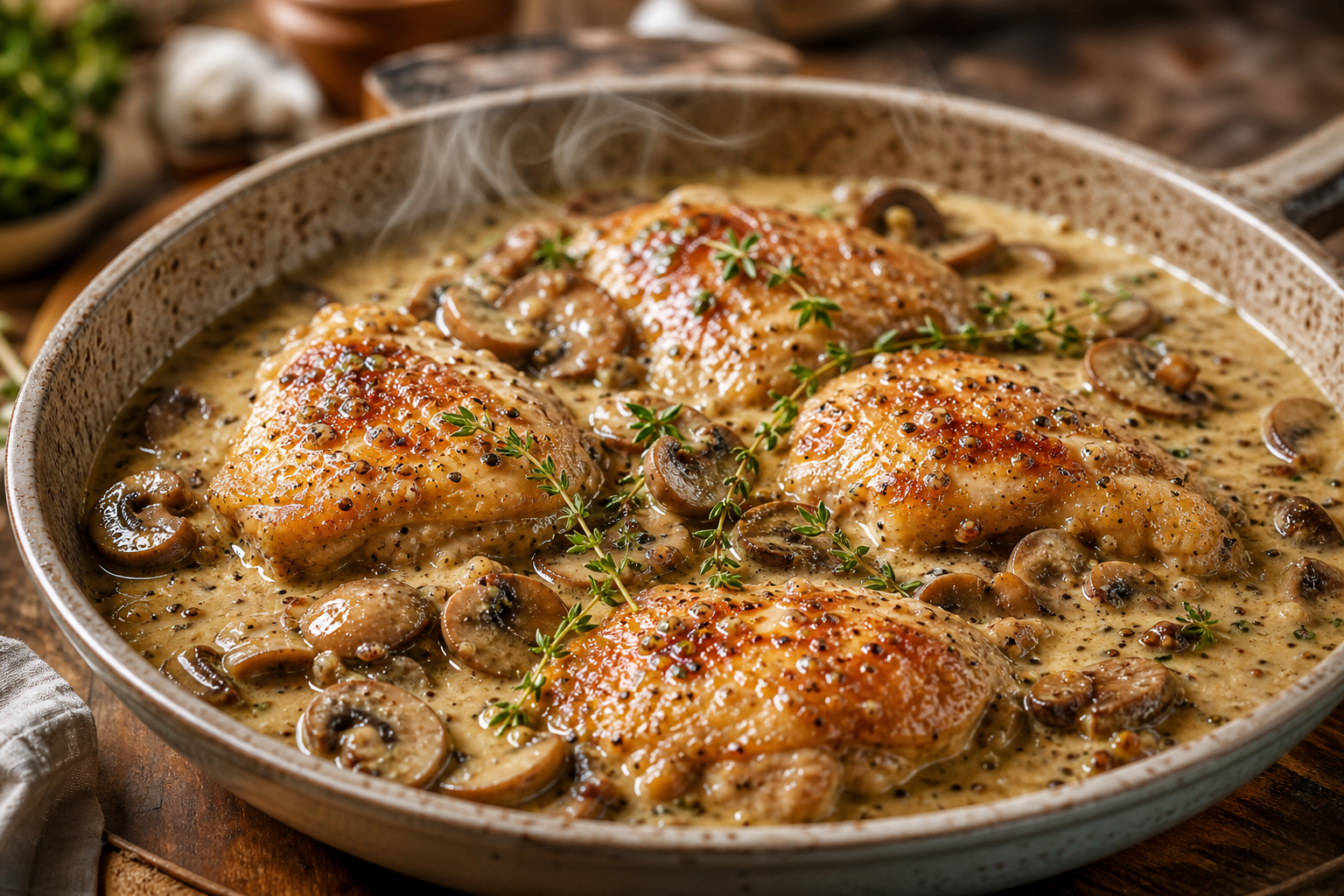 Le poulet à la moutarde et aux champignons devient fondant