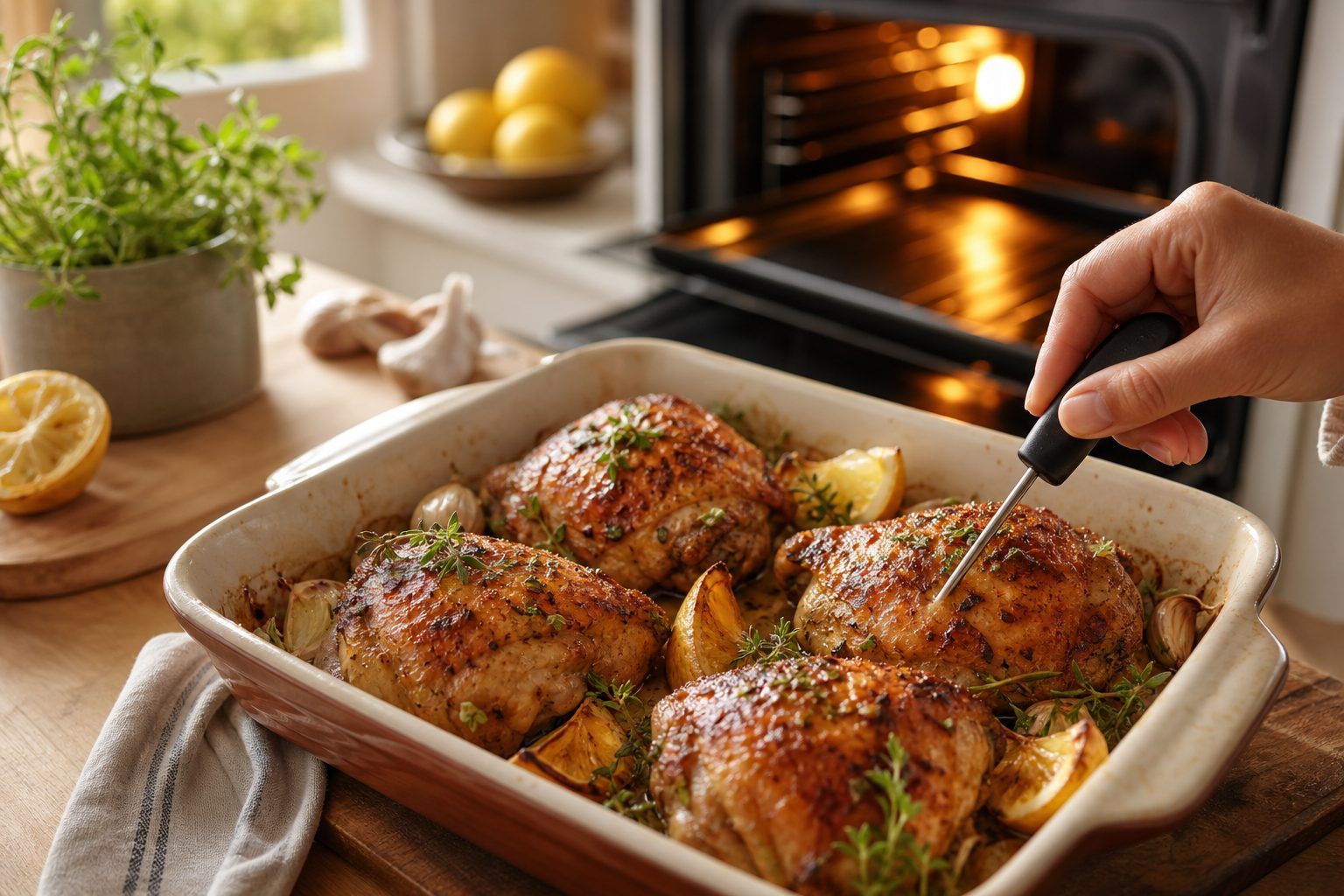 Cuisson des cuisses de poulet au four : temps, température et contrôle