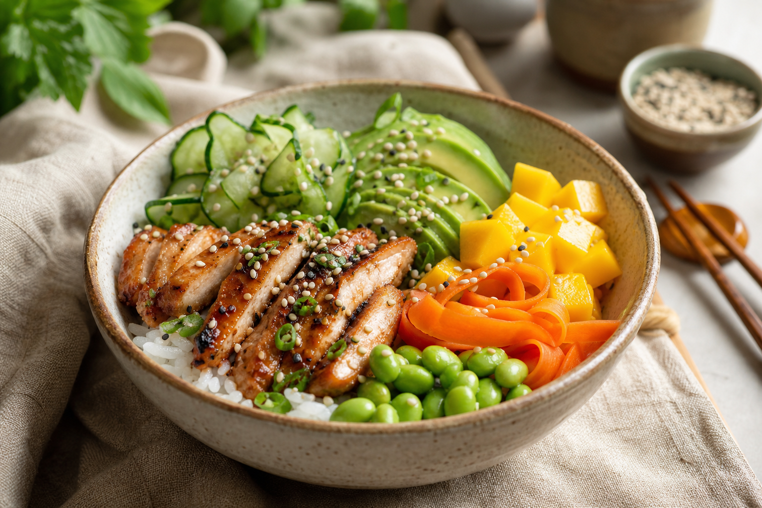 Cette recette de poke bowl poulet marie fraîcheur et croquant