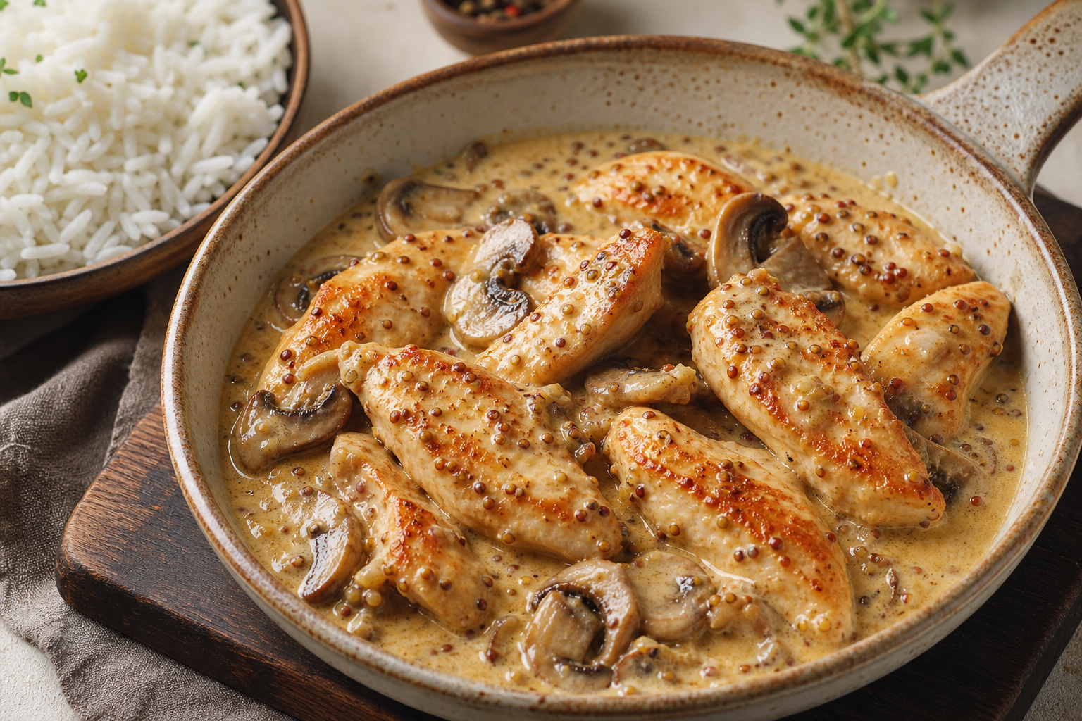 Cette recette de poulet à la moutarde à l’ancienne est crémeuse