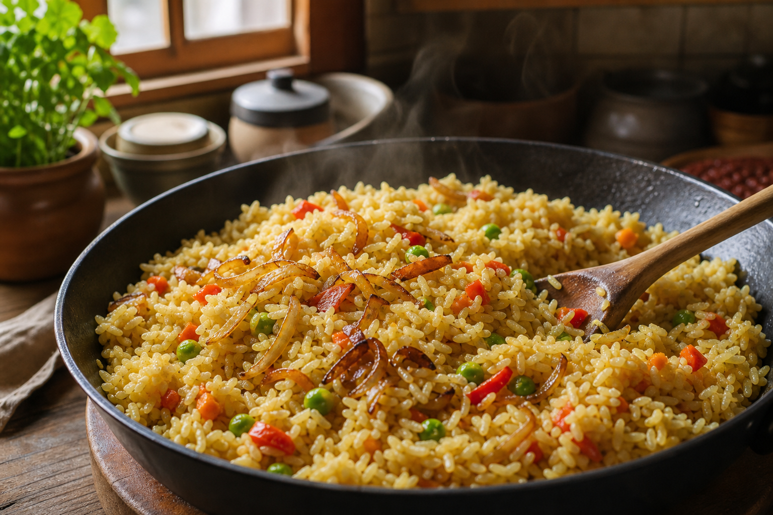 Le riz à la poêle devient bien grainé avec le geste pilaf