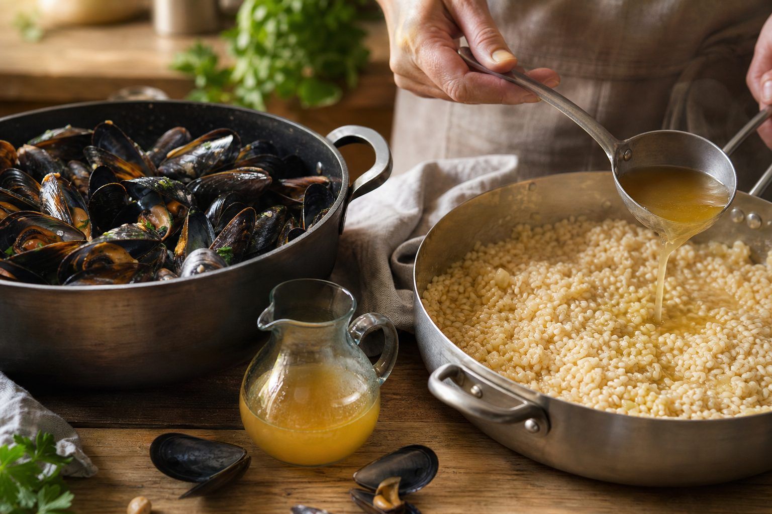 Préparation&nbsp;: cuire les moules puis le riz sans perdre leur jus