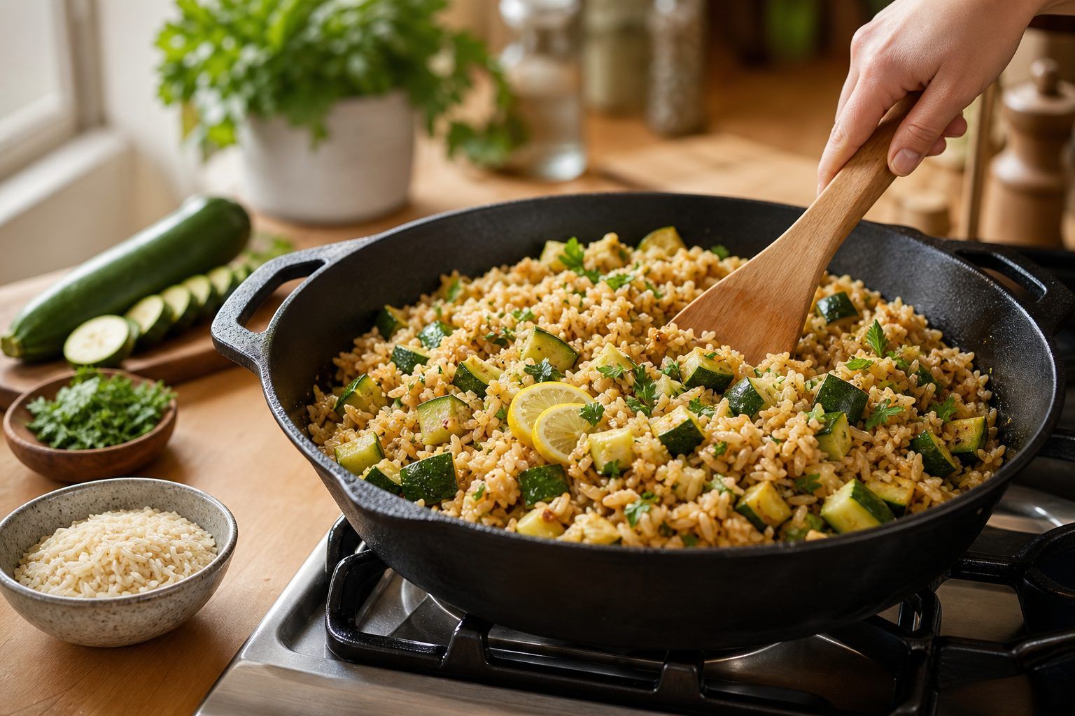 Préparation facile&nbsp;: riz sauté aux courgettes en une poêle