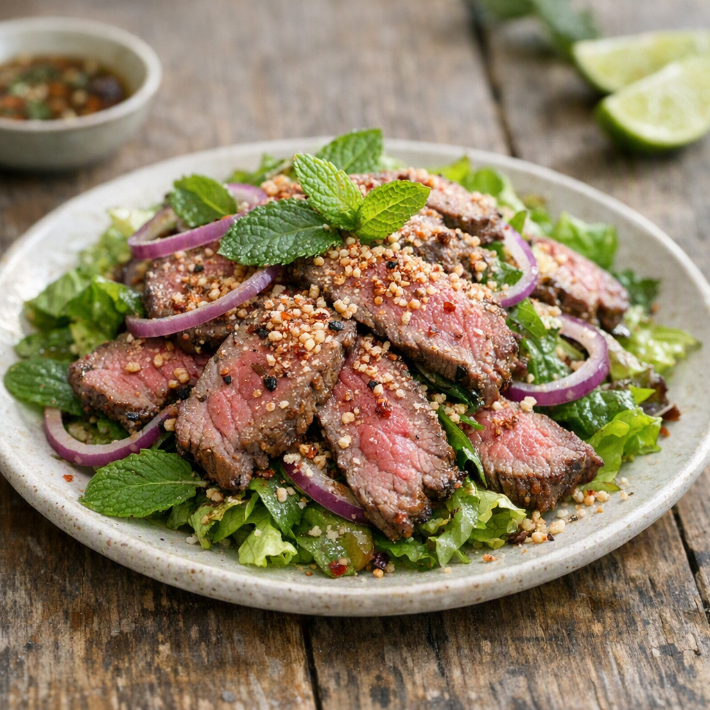 Salade de bœuf thaï : yam nua saisi, riz grillé pilé, menthe fraîche