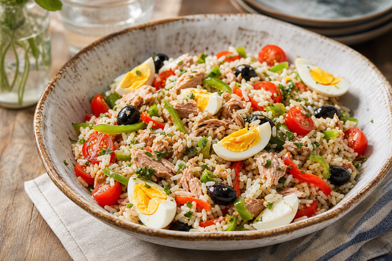 Une salade niçoise au riz réunit thon, œufs et légumes croquants