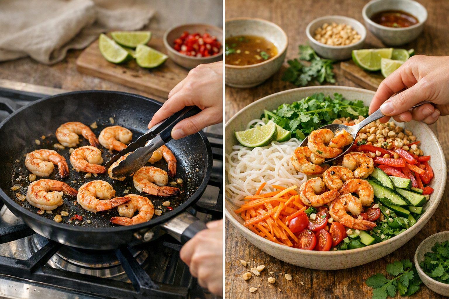 La recette étape par étape : cuisson des crevettes et montage