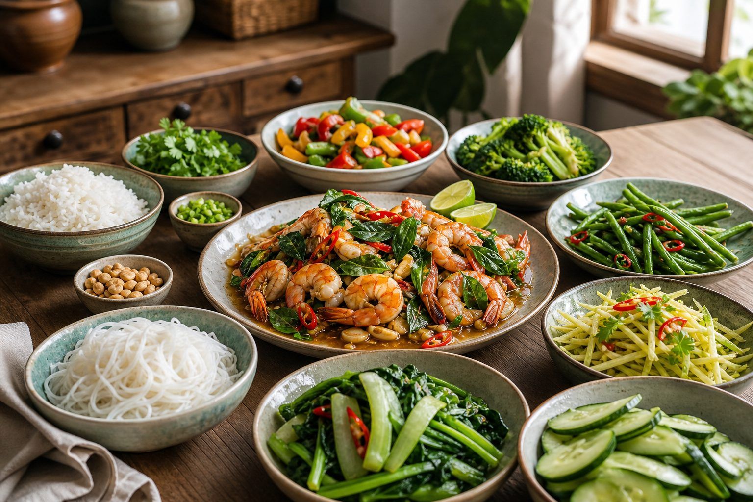 Quels légumes et accompagnements servir avec ces crevettes façon thaï ?