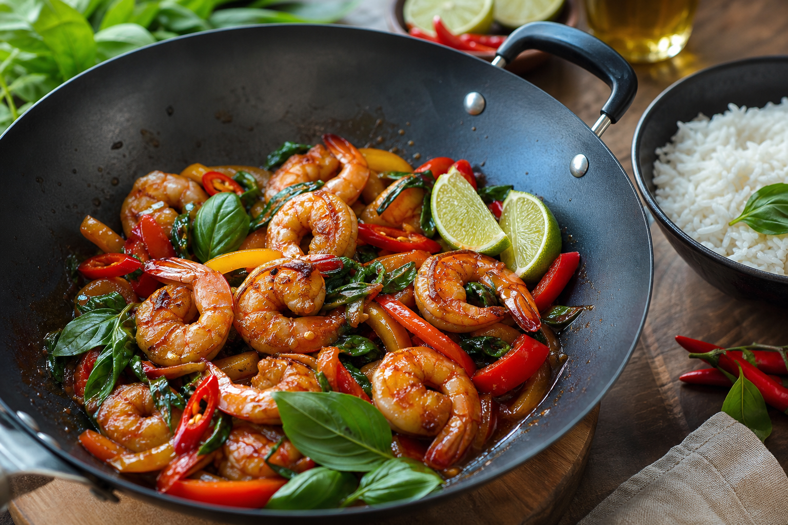 Ce sauté de crevettes thaï garde toute sa fraîcheur au wok