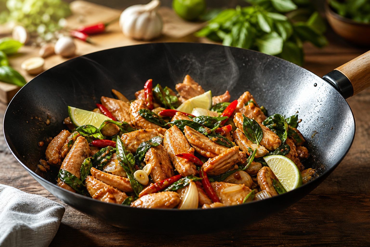 Recette de solilesse de poulet au wok, basilic thaï et citron vert