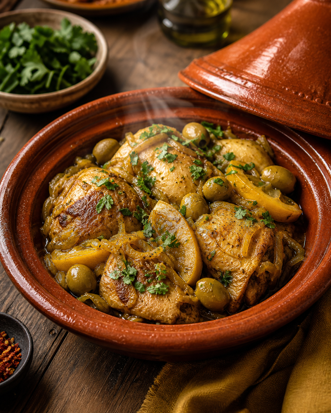 Le tajine de poulet au citron et aux olives se prépare en cocotte