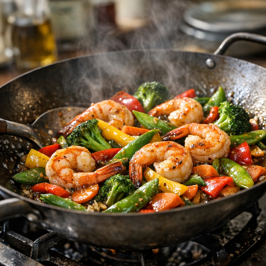 Wok légumes crevettes : recette thaï rapide et croquante